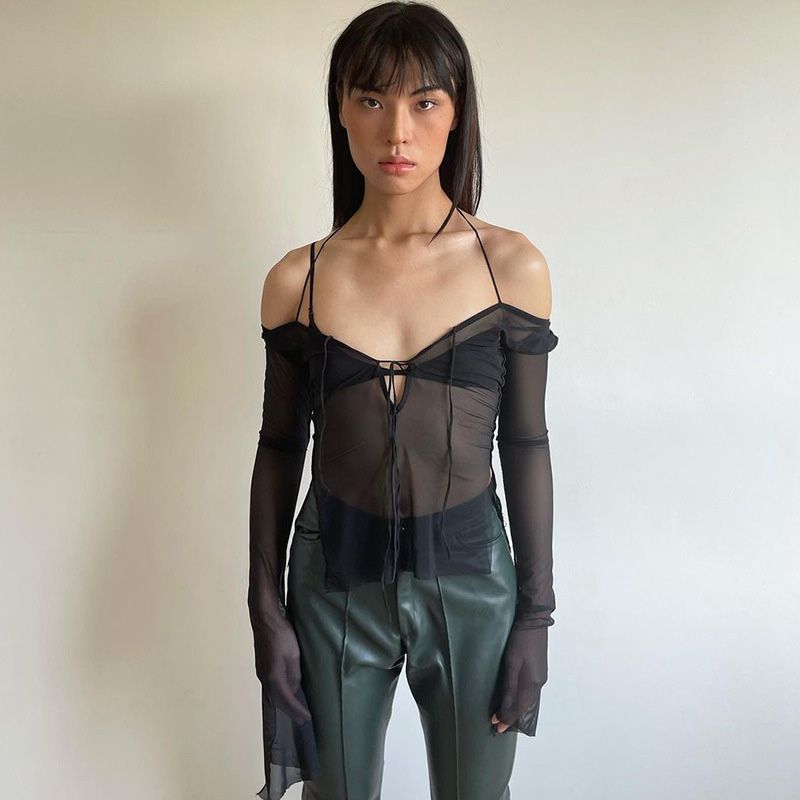 Female Tops, Solid Color Halterneck Strappy Long Sleeve See-Through Blouse for Summer, Black, S/M/L