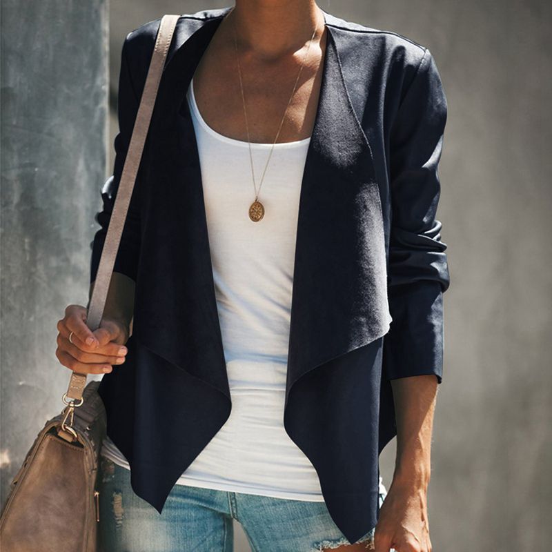 Women Irregular Cardigan Coat Autumn Long Sleeve Lapel Collar Slim Casual overcoat Outerwear Street Trench Navy S