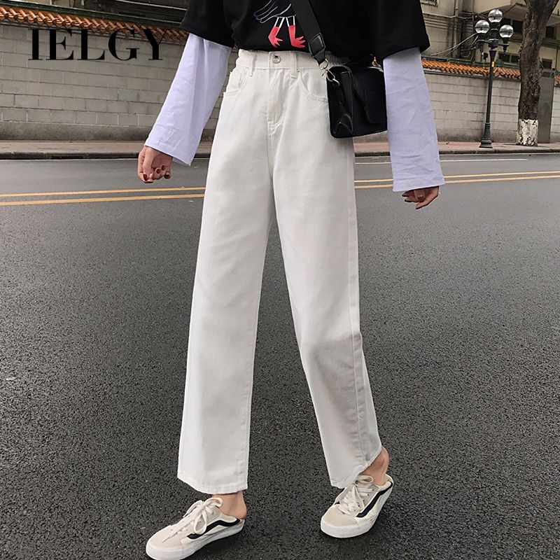 IELGY Long pants ALL-match Thin denim Wide leg Plain High waist Summer Casual Woman