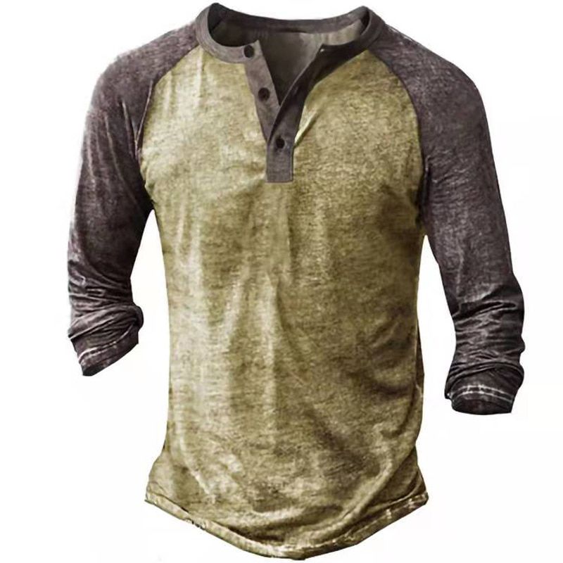 Men T-shirt Casual Long Sleeve Vintage Button V-Neck Top Fashion Printed Tees Men Streetwear Loose Pullover Spring Autumn New