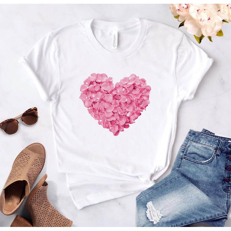 Women's T-shirt Summer Pink Heart Flower Print Basic O-Neck T-shirt Girl Ladies Streetwear Harajuku T-shirt Kawaii Graphic Tees