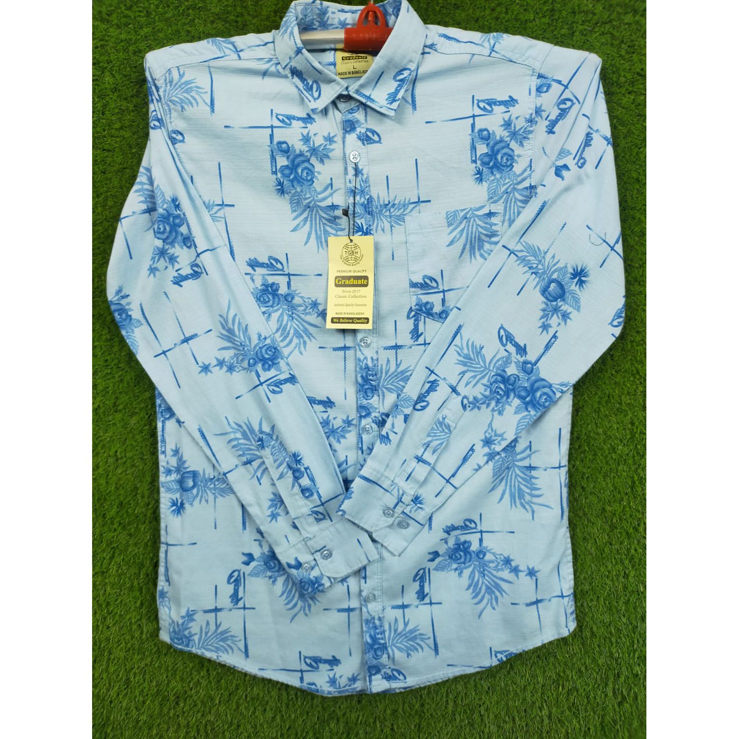 Sky blue and white Cotton Casual Long Sleeve Shirt for Men