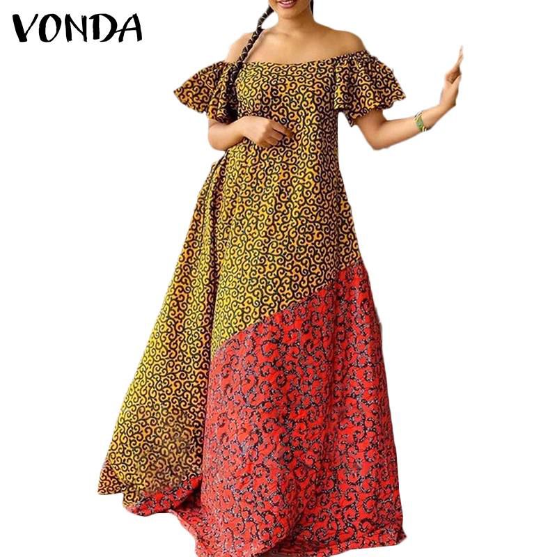 Women Summer Long Maxi Dress 2021 VONDA Ladies Party Off Shoulder Lace Pleated Dresses Casual Shorts Sleeve Bohemian Vestidos