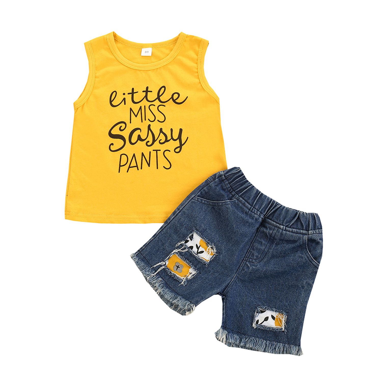 Little Boy Vest and Shorts Suit Fashion Letter Sleeveless Tops and Patchwork Ripped Denim Short Pants