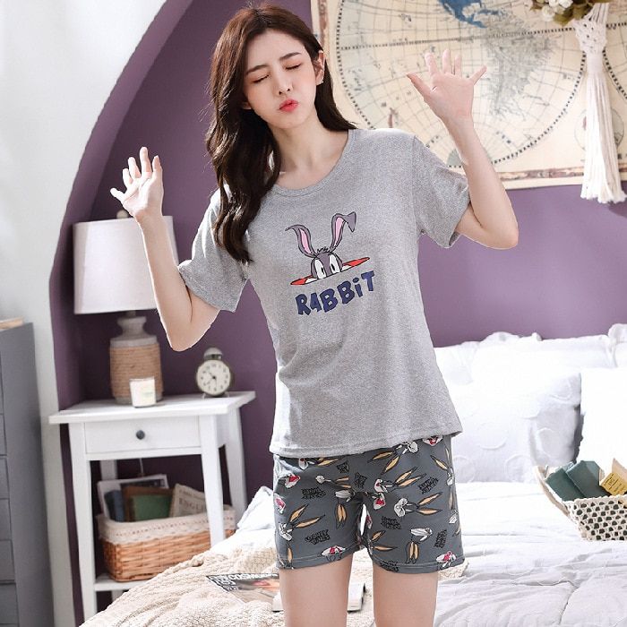 Plus size Calf-Length Pants Homewear Summer Knitted Cotton Cartoon Pajamas Set Women Pyjamas Sleepwear Nightwear Pijama