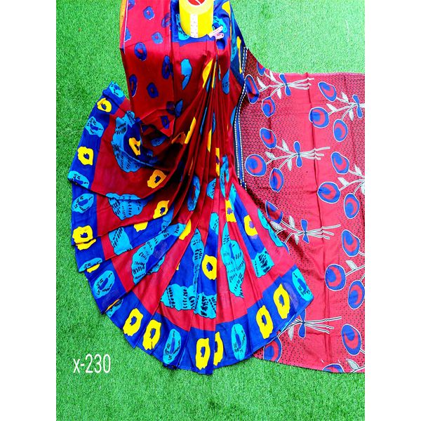MultiColor  High Quality Printed 12 Hand Cotton Saree With 2 Hand Extra Blouse Peach  For Women