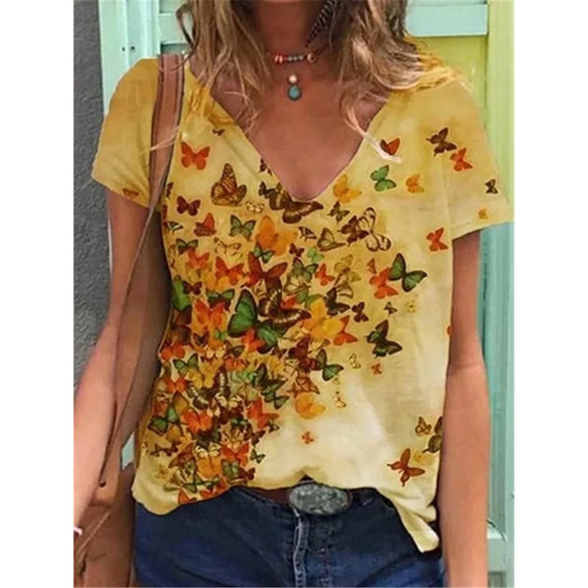 Summer 2021 Tshirt Women Butterfly Print Casual Top Female Clothes Streetwear Aesthetic Vintage Shirt Short Sleeve Graphic Tee