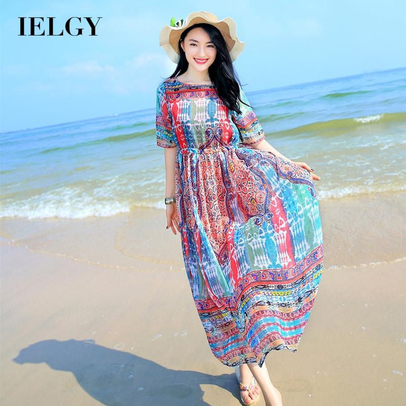 IELGY Seaside Thin Round neck Fashionable Printed Beach Bohemian Casual All-match Women's dresses