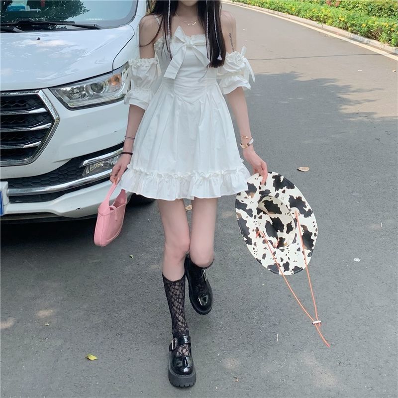 White Kawaii Fairy Strap Dress Women Patchwork Off Shoulder  Party Mini Dresses Ruffle Sweet Cute Princess Sundress 2021