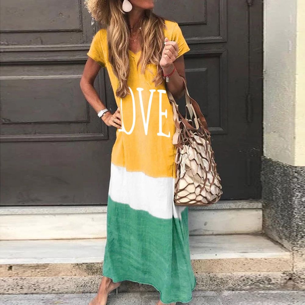 2020 Maxi Long Dress Summer Dress Women Letter Print Patchwork Sundress Casual Loose Plus Size Sexy V Neck Vestidos