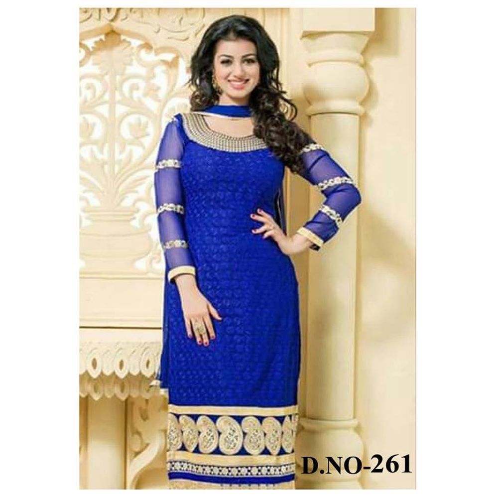 Unstitched Blue Cotton Salwar Kamiz For Women