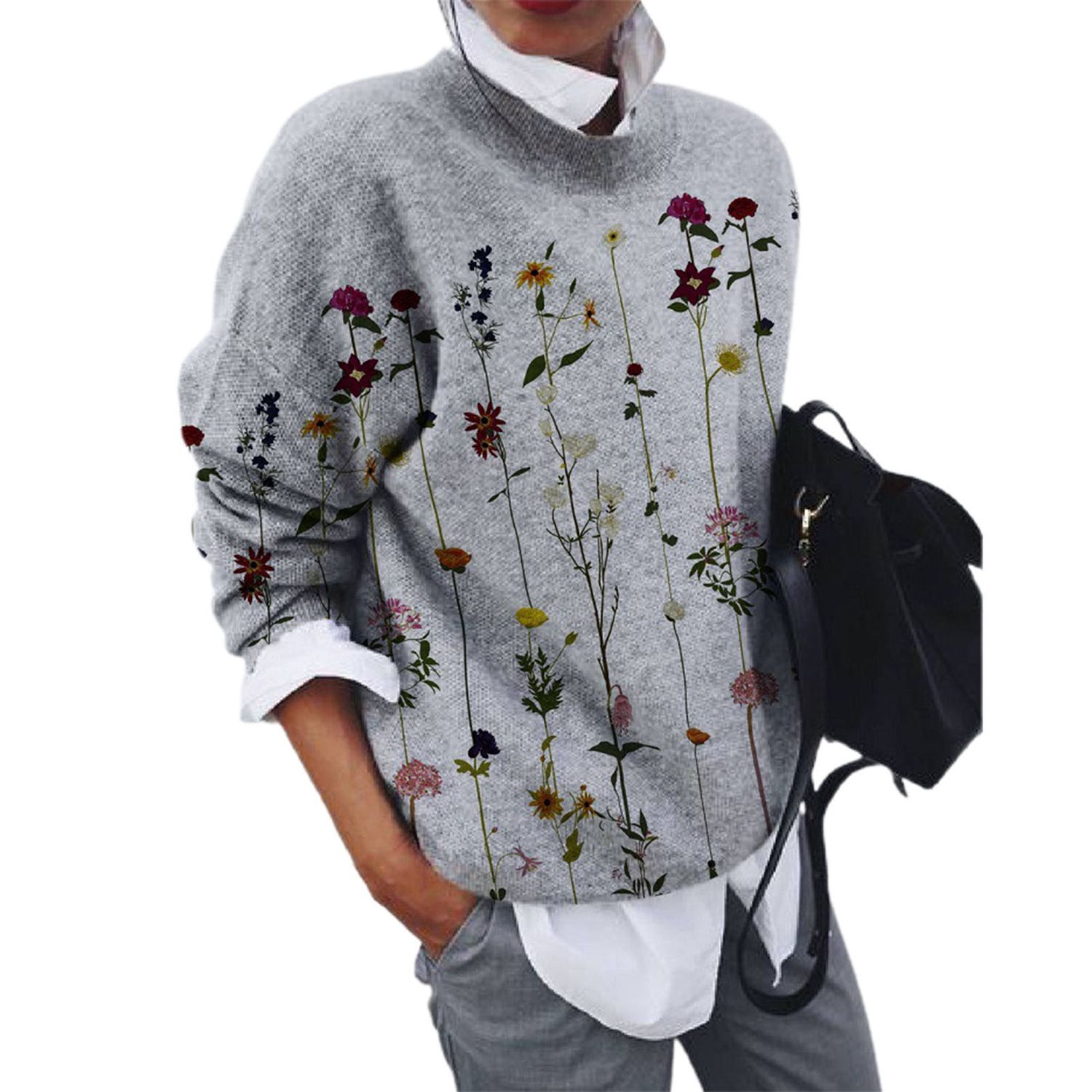 Women Top Floral Print O Neck Leisure Pullover Autumn Shirt