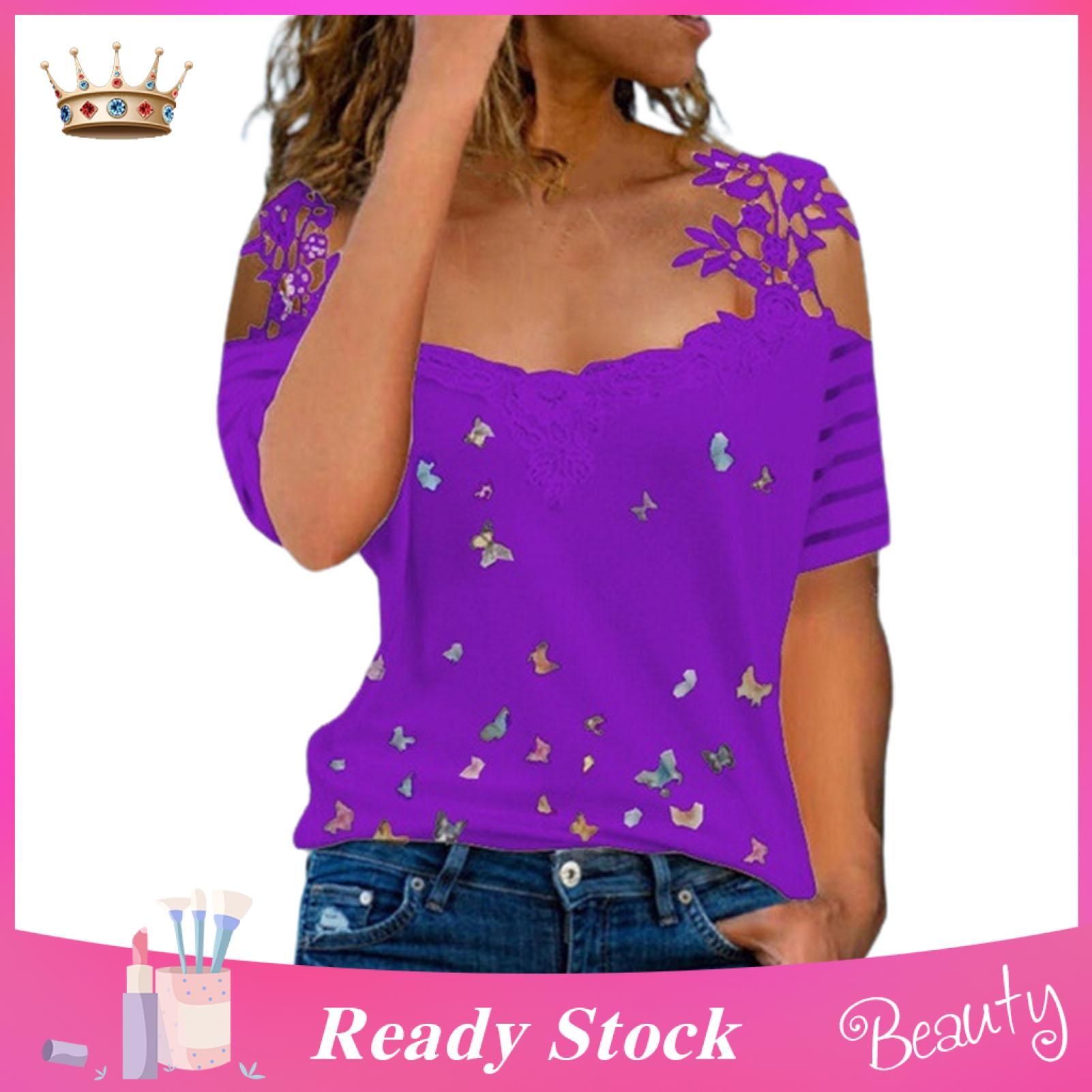 Women T-shirt Soft Texture Hollow Le Sling Cold Shoulder Tee Shirt
