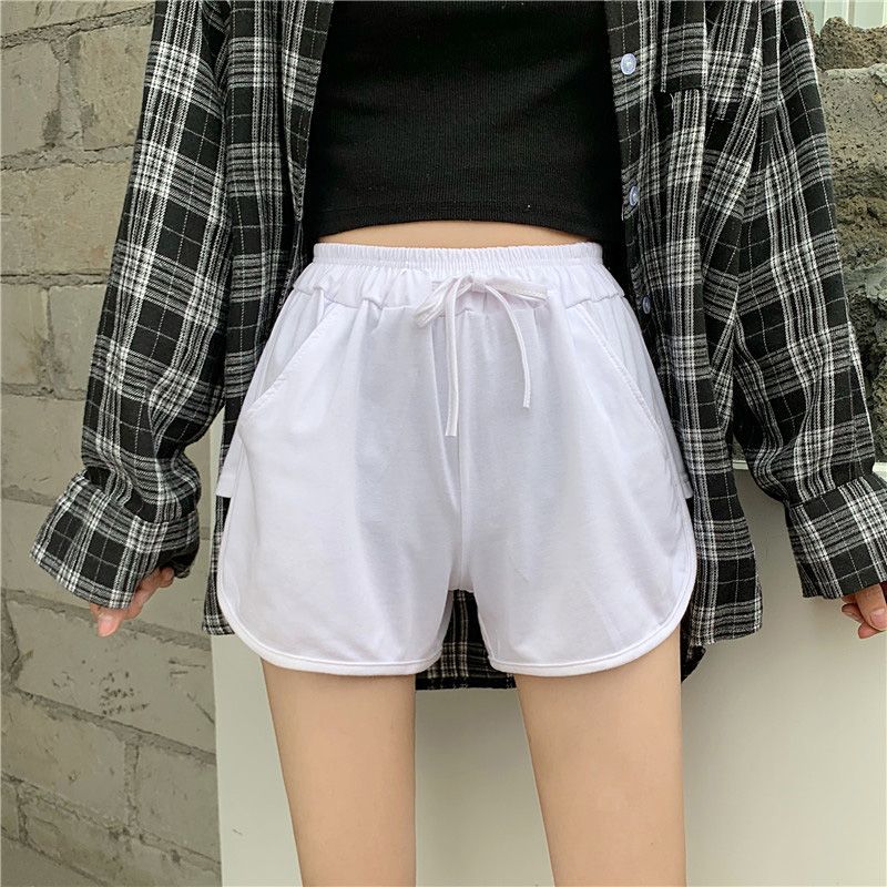 Women’s Loose Pants Short Solid Color Split Drawing Straps Elastic Band Sports Short Wild Fashion Pull-On Pants