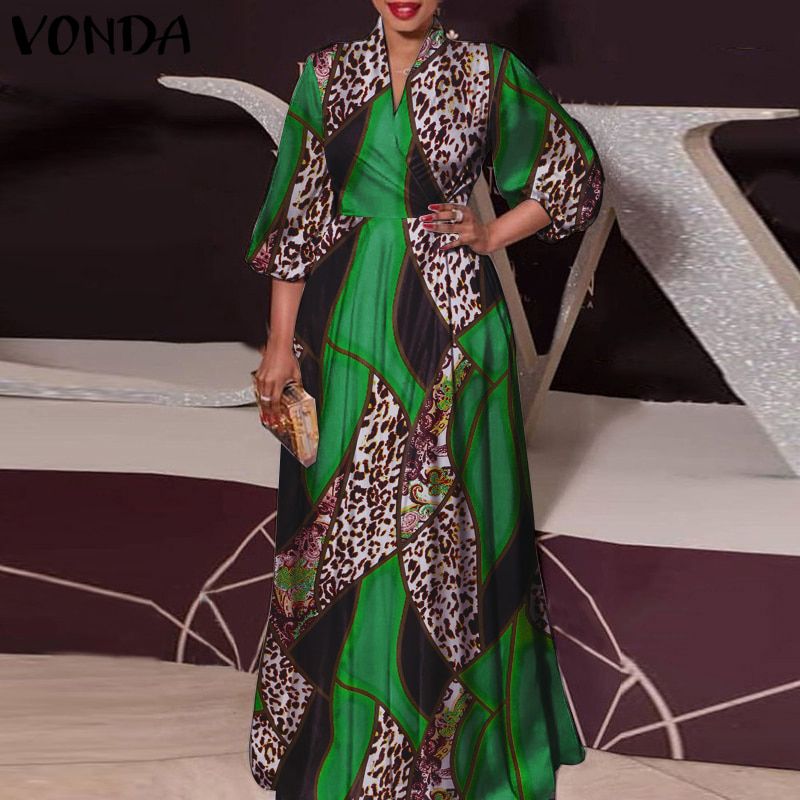 VONDA Women Long Maxi Dress 2021 Autumn Vintage Leopard Printed  Lantern Sleeve Bohemian Vestidos Oversized Beach Sundress