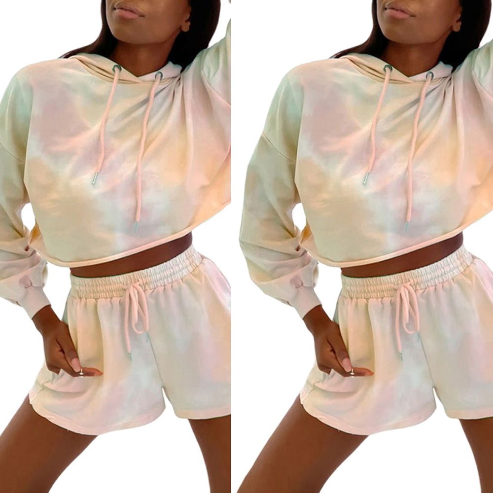 Women 2 Pcs Tracksuit Sets, Sexyy Tie Dye Color Suits, Long Sleeve Crop Hoodies Tops + Elastic Waist Shorts