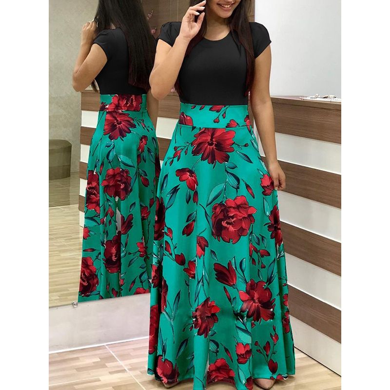 Vintage Floral Print O-Neck Long Dress Women Summer 2021 Short Sleeve Casual Slim Robe Casual Elegant Lady Maxi Vestidos