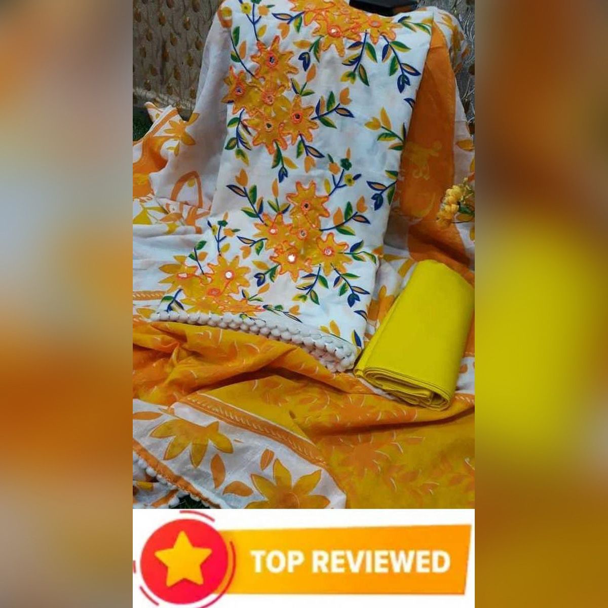 Yellow Color Joypuri Ari Unstitched Stylish Three Piece Set For Women Clothing Shalwar Kameez কটন বর্ডির ওপর জয়পুরি আড়ি কাজ করা থ্রি পিস
