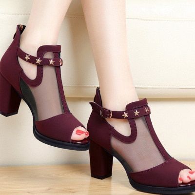 Women Pumps High Black High Heels Ladies Shoes Rivet Mesh Mid Heel Pumps New Summer Wedding Platform Bride Sandals