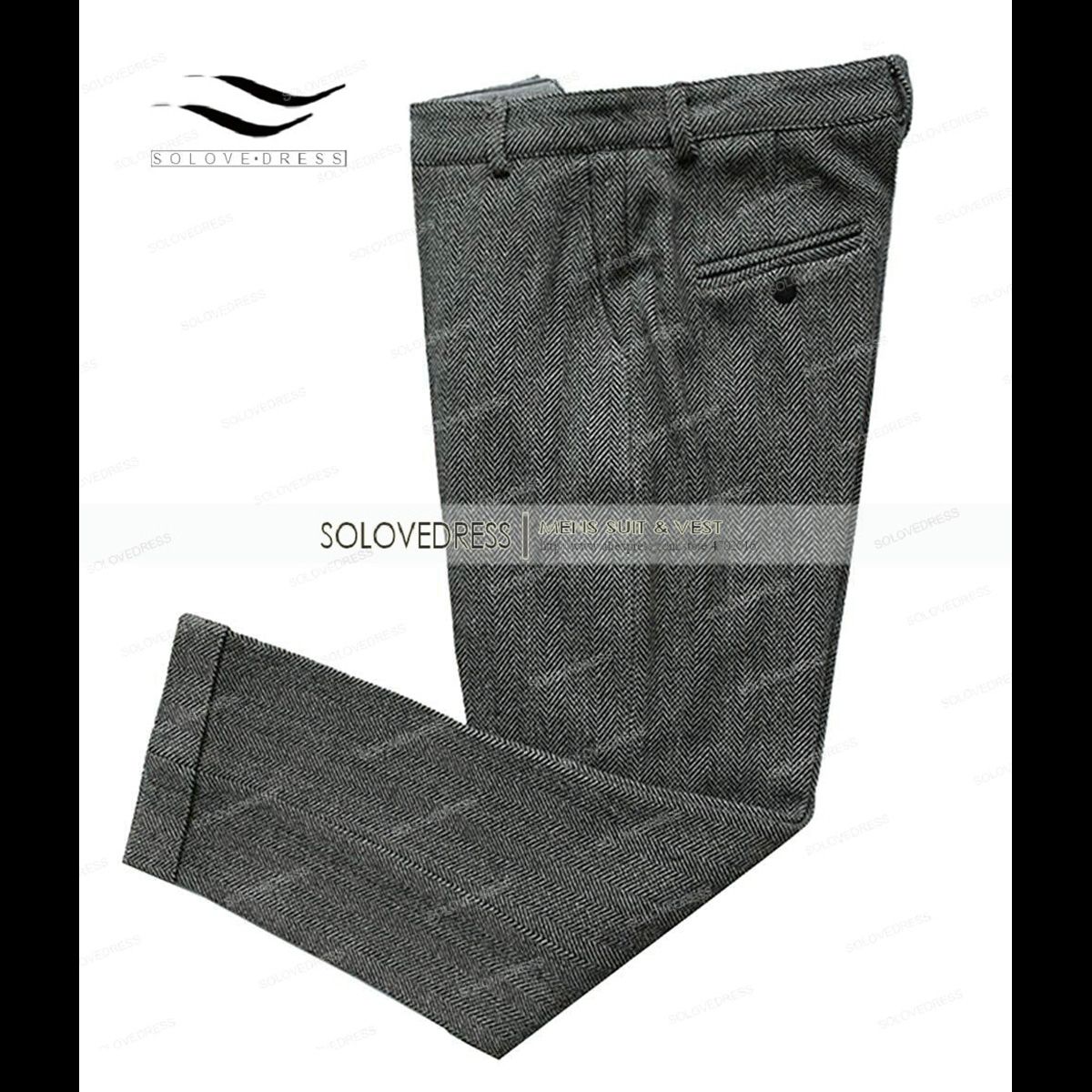 Men's Grey Trousers Wool T Leisure Cotton Male Gentleman regular fit Herringbone Business Pants Suit for Wedding Groom
