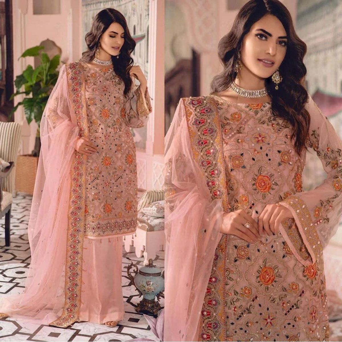 Fashion canvas Featuring Exclusive Indian Unstitched Georgette Embroidery Three Piece-Biscuit Color