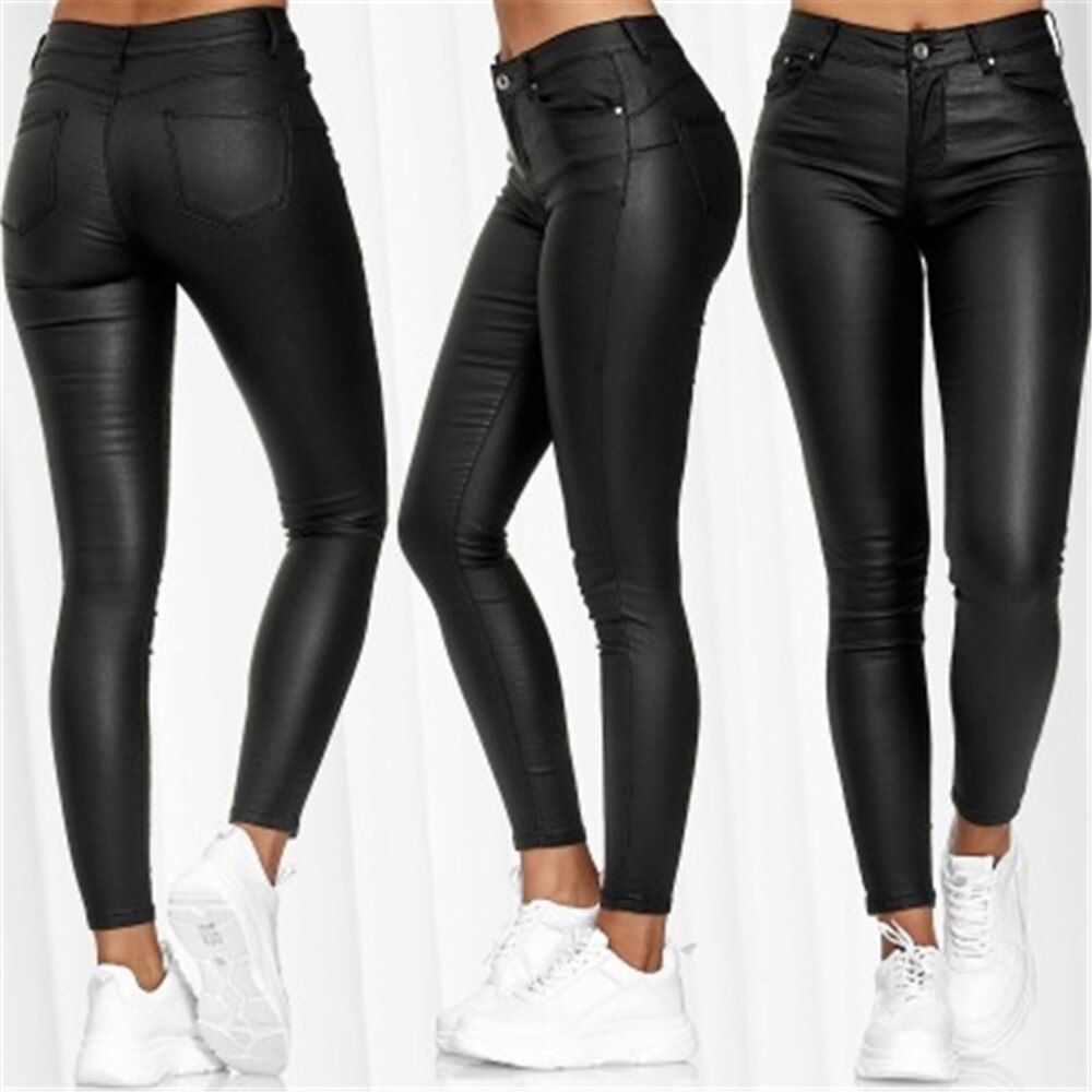 Fashion Pure Color Leather Casual Pants Small Feet Pants Spring Women Pu Leather Pants Black Stretch Bodycon Trousers Women