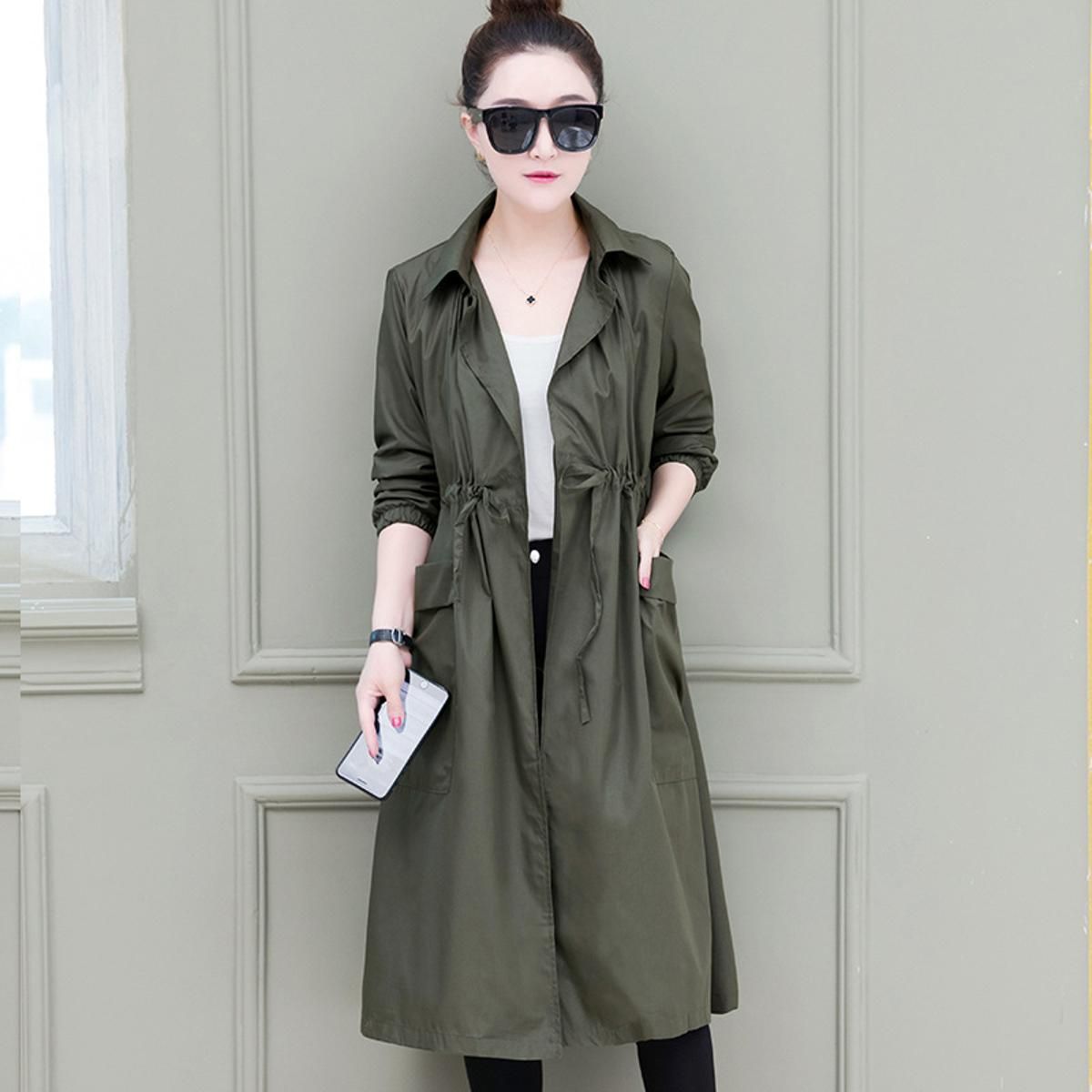 Women Long Korean Spring  New Fashion Loose-fit Dratring Waist  Coat