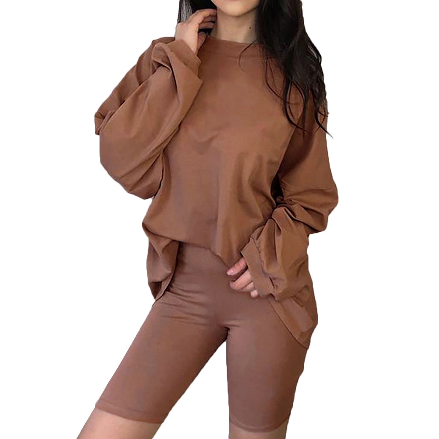 Women's 2 Piece Outfits, Casual Long Sleeve Mock Neck T-Shirt Blouse + Bodycon Shorts Set Tracksuit