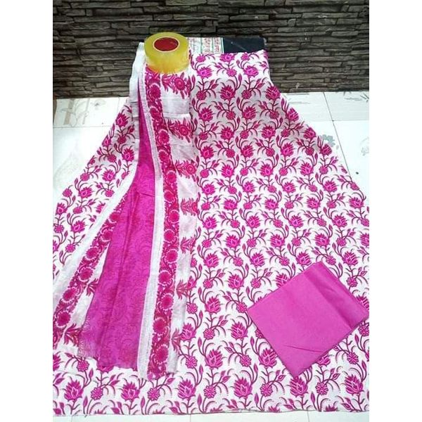 Unstitched White and Rose Color Cotton screen Printed Salwar Kameez for Women