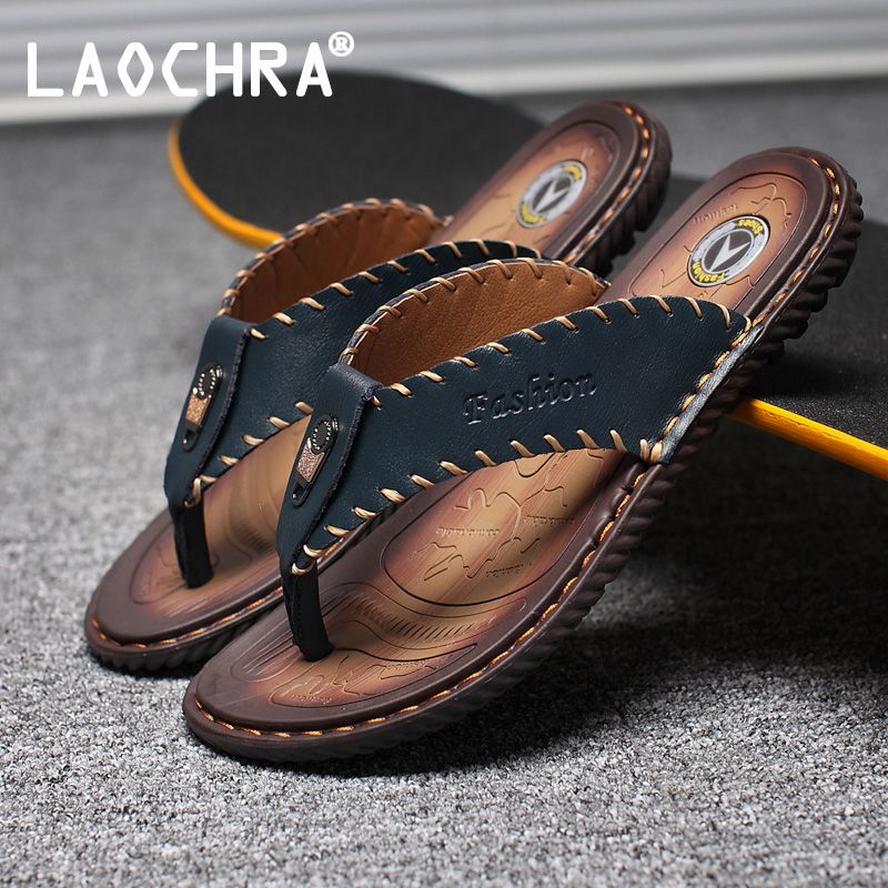 Leather Men Flip Flops Big Size 38-46 High Quality Summer Men's Sandals Soft Sole Flat Slippers For Men Outdoor Men Shoes
