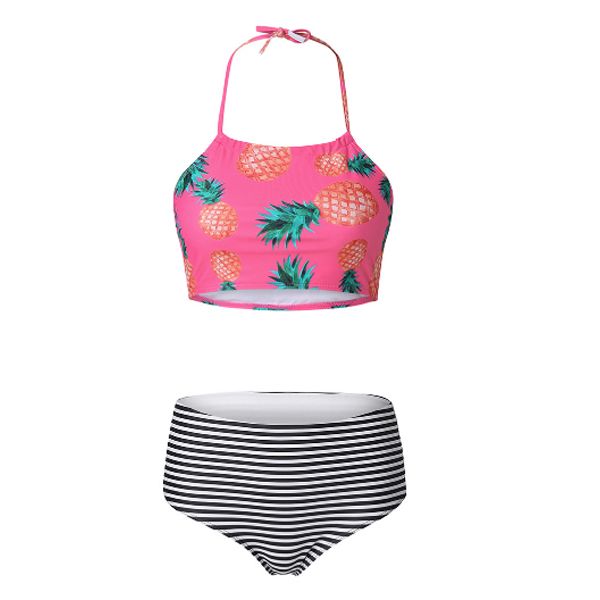 Women  Pineapple Printing Neck Tied Bikini Top Fashion Stripe High Waist Thong Two Piece Set