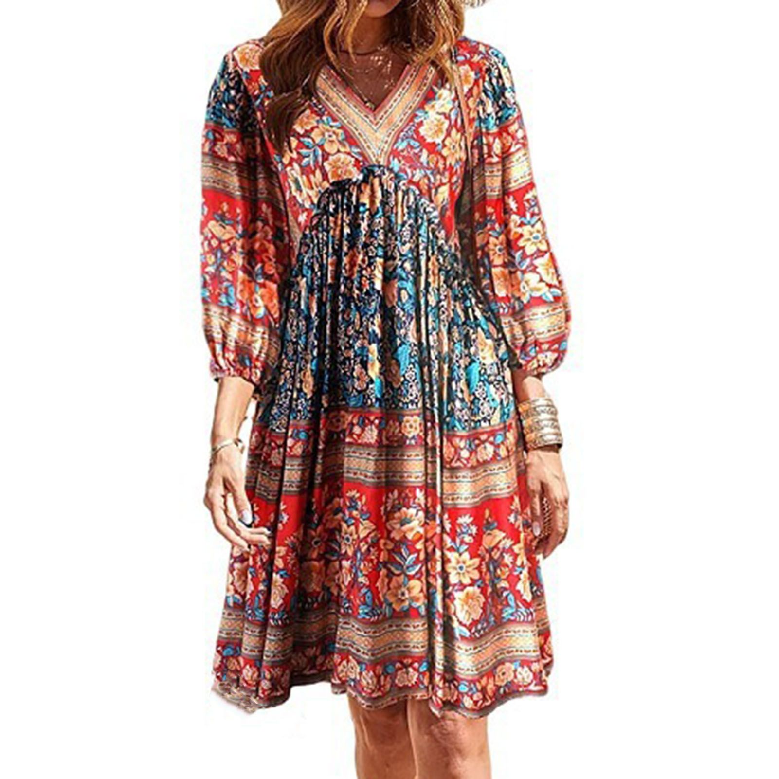 Casual Dress Charming Ethnic Style Floral Print 3/4 Sleeve Women Dress