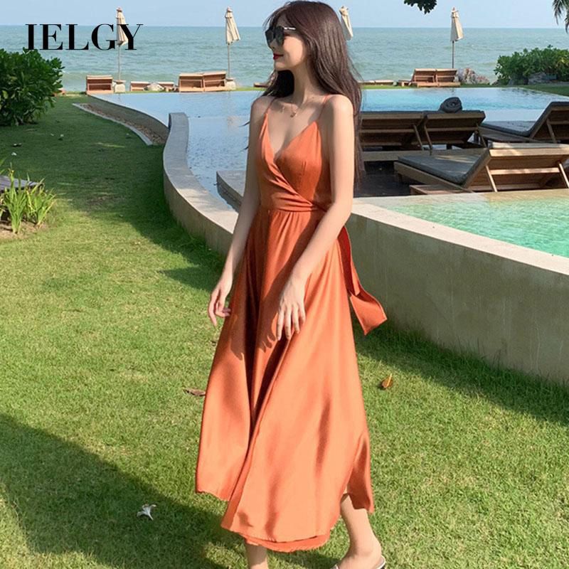 IELGY Woman's clothes white casual suspenders vacation All-match long seaside dress retro