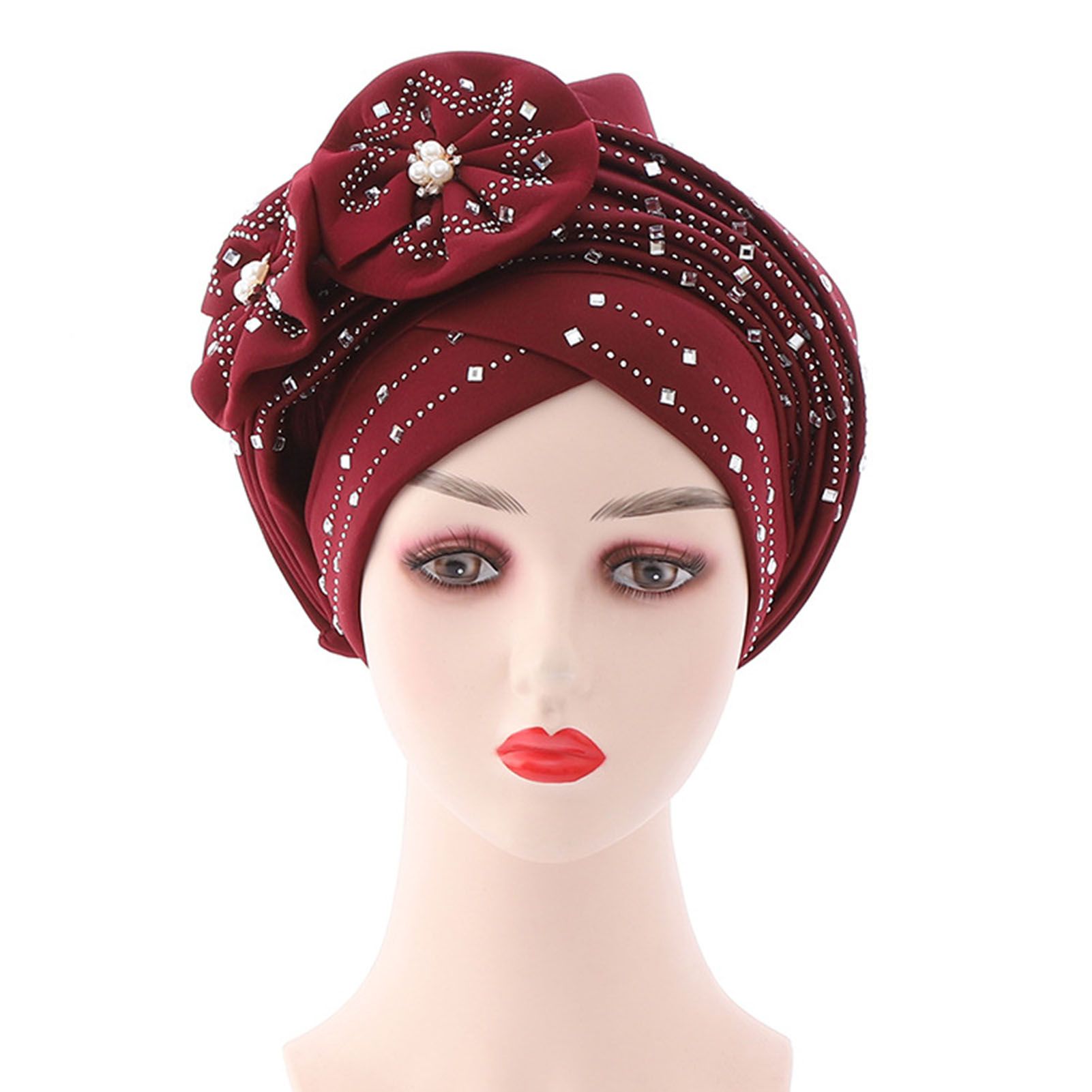 Head Wrap Solid Color Flower Decor Rhinestone Headscarf Cap
