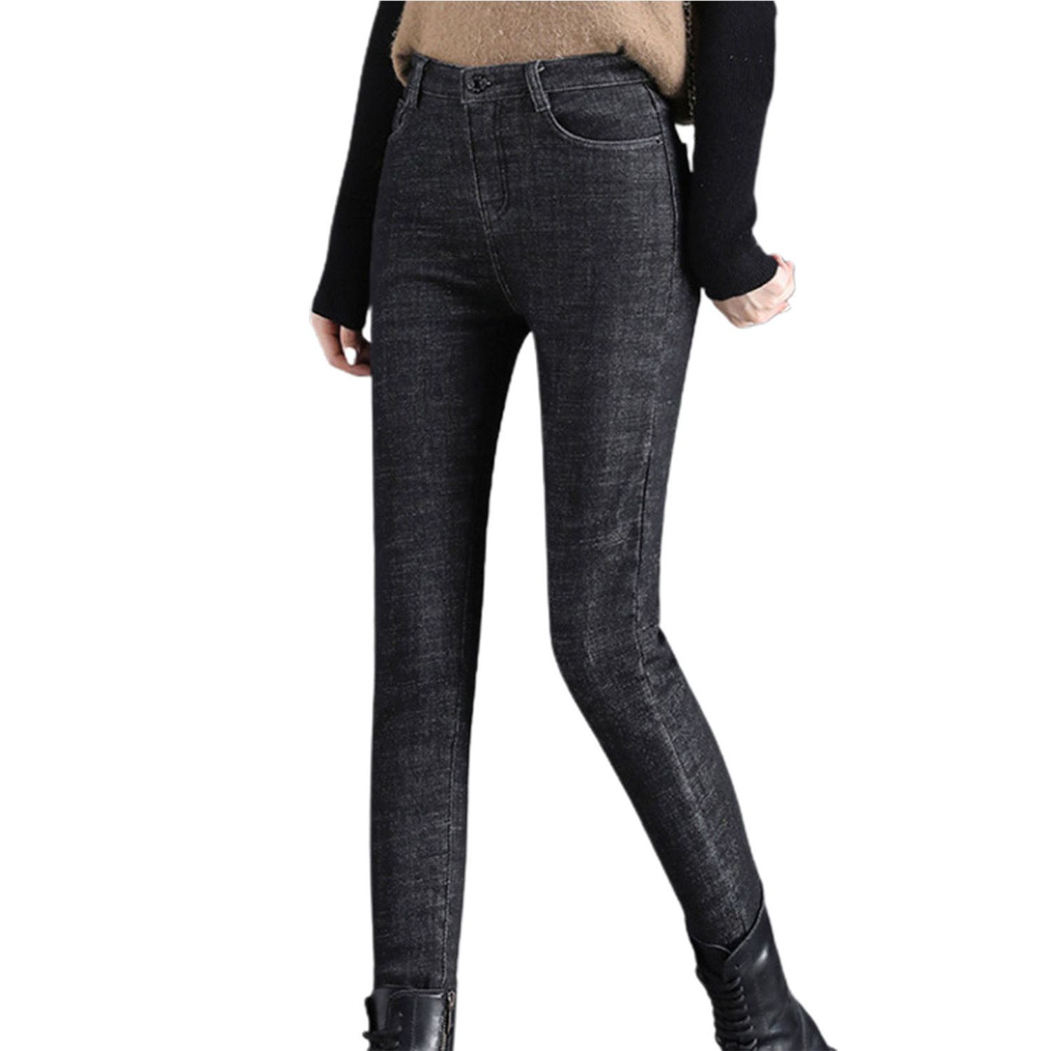 Women Jeans Solid Color High Waist Thicken Plush Winter Pants for Daily Wear