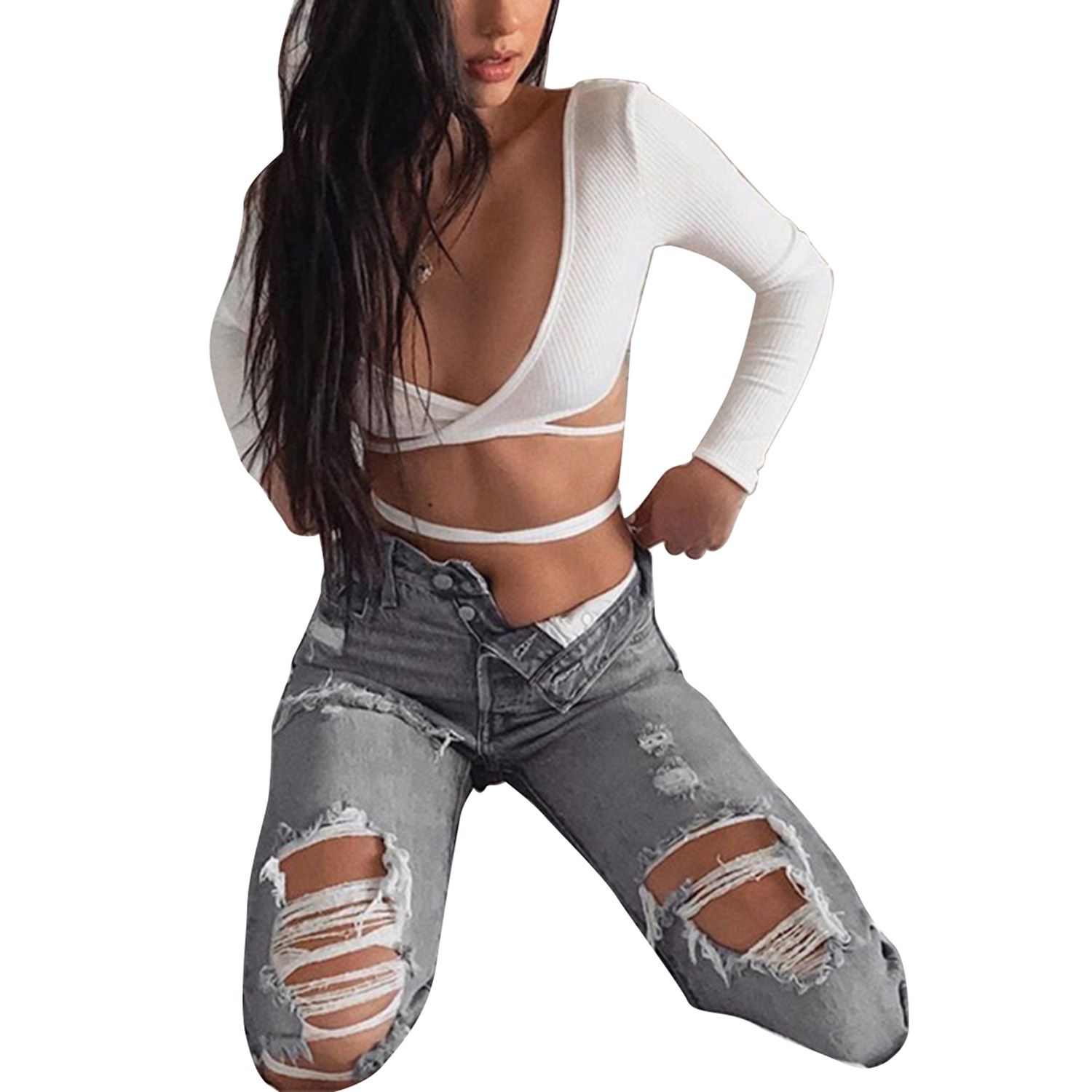 Women’s Autumn Long Sleeve Top Fashion Solid Color V-neck Lace up Exposed Navel Backless T-shirt