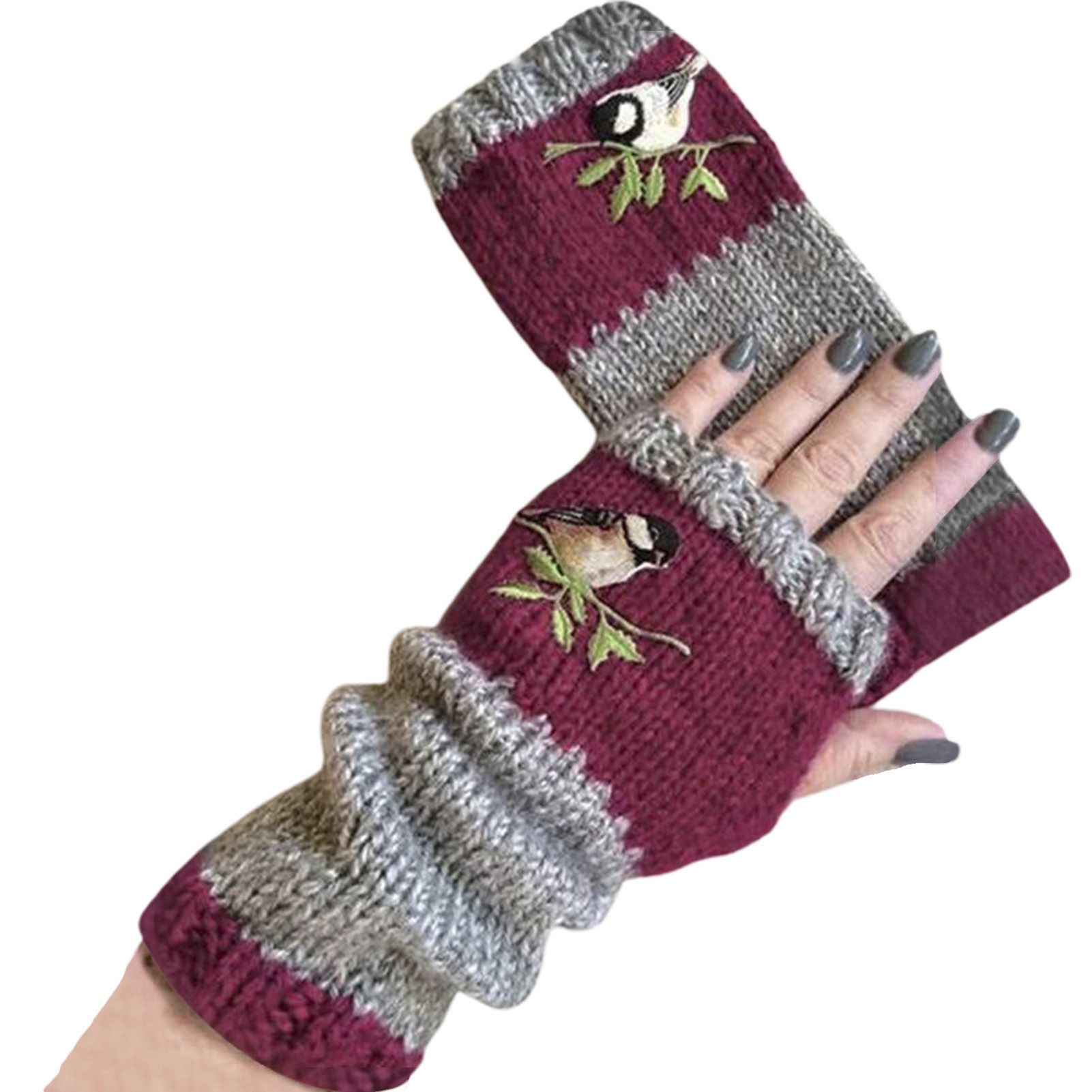 Knitted Gloves Thick Embroidery Bird Croct Fingerless Gloves