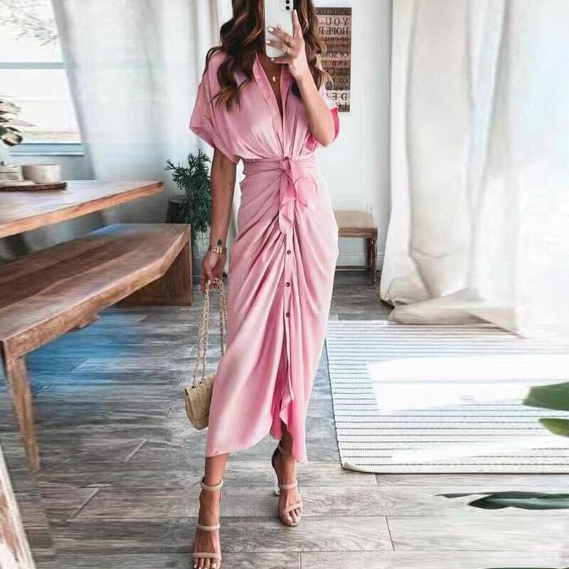 Casual Short Sleeve Spring Dresses Fashion Summer Turn-down Collar Women Party Dress Elegant Button Office Lady Shirt Dress