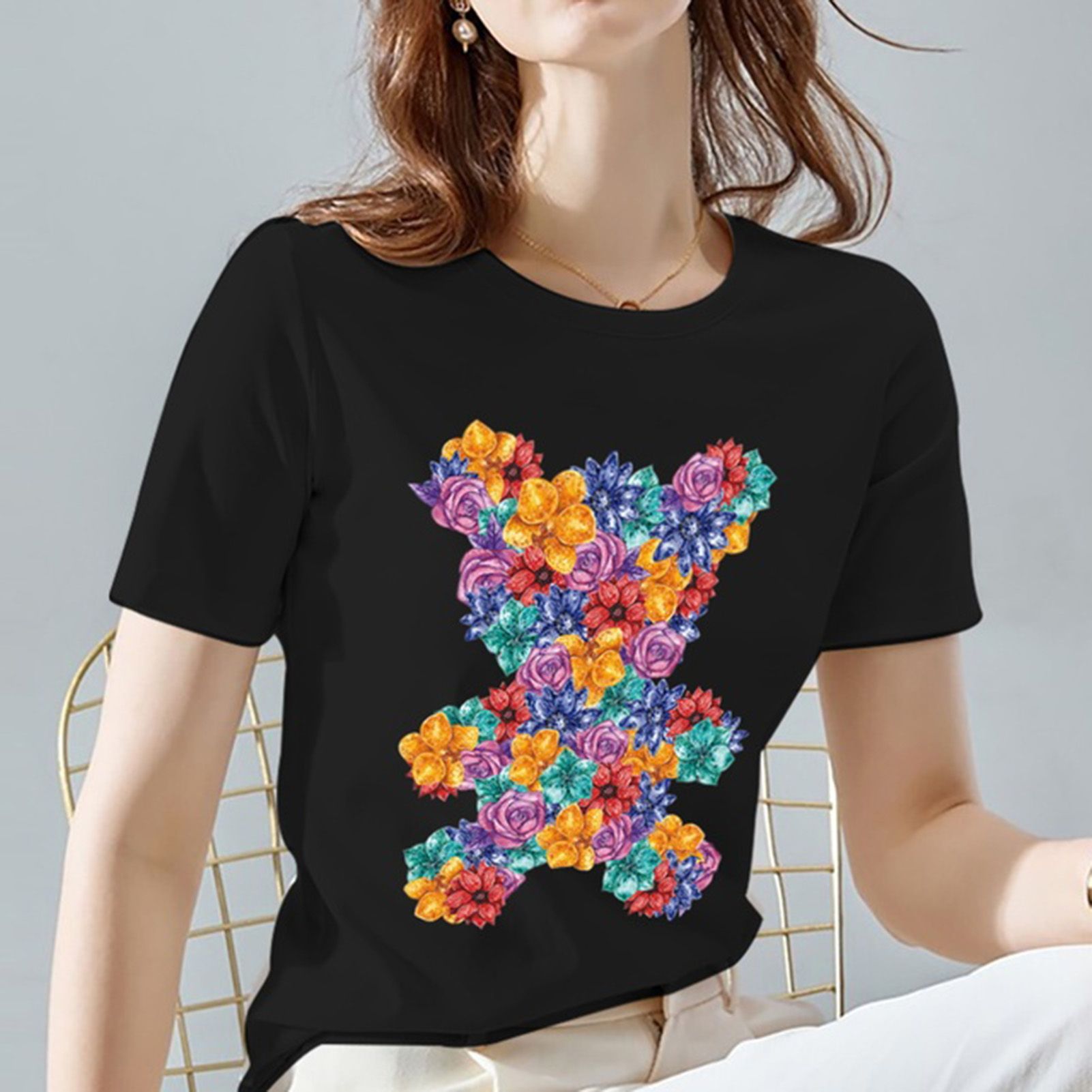 Sunnyheart Women T-shirt O Neck Cartoon Printed Blouse