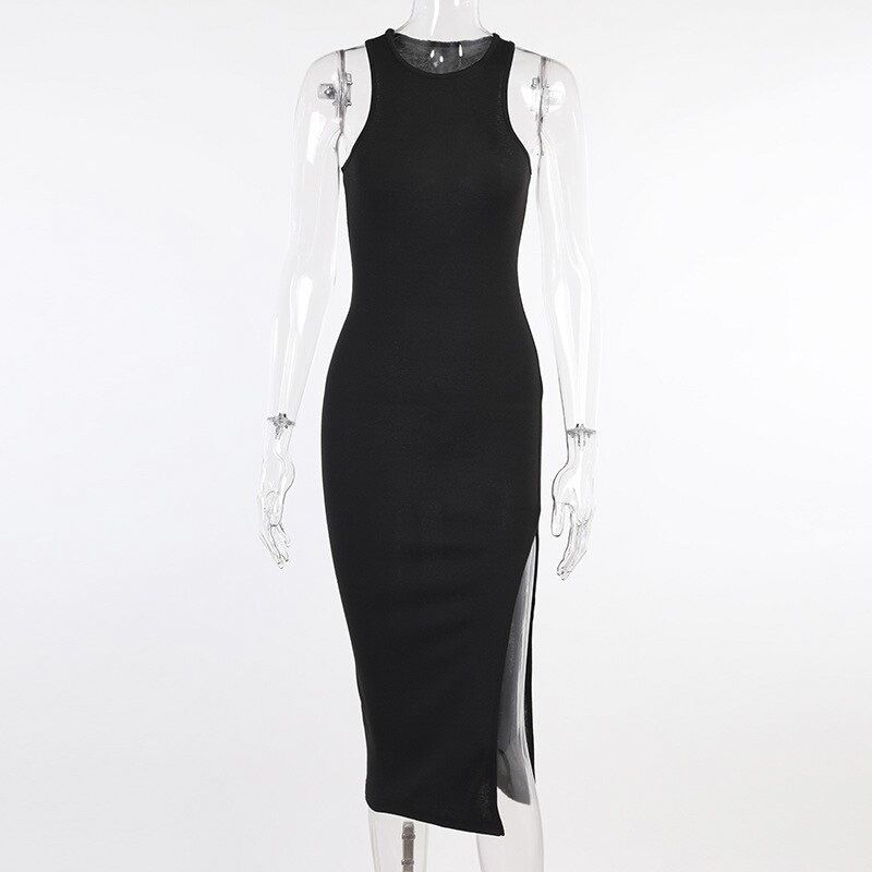Bodycon Tank Dress Women Split Tight Commuter Long Robe Yellow Black Elegant Sundress Casual Office Knee Sheath Dresses