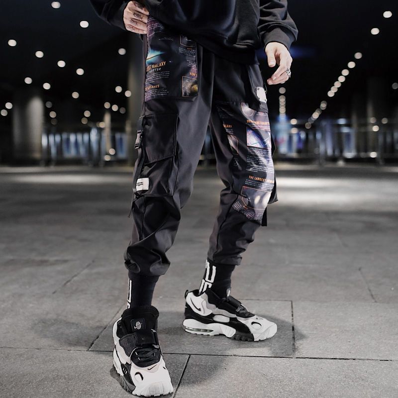 Men Ribbons Streetwear Cargo Pants Autumn  Hop Joggers Pants Overalls Black Fashions Baggy ckets Trousers