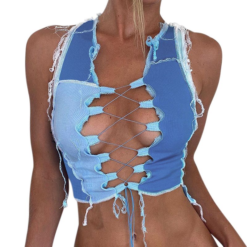 Ladies  Midriff-baring Camisole, Girls Creative Color Matching Front Hollow Tie Up Sleeveless Slim Tops Base Shirt
