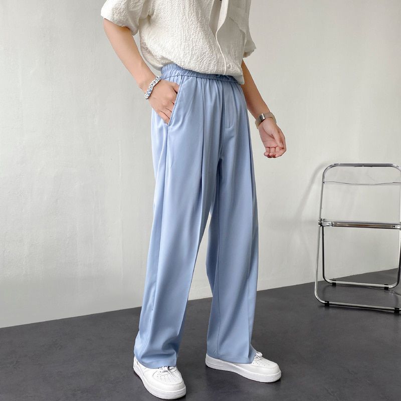 Summer Drawstring Wide-leg Pants Men's Fashion Blue Black Suit Pants Men Korean Loose Straight-leg Dress Pants Mens Trousers