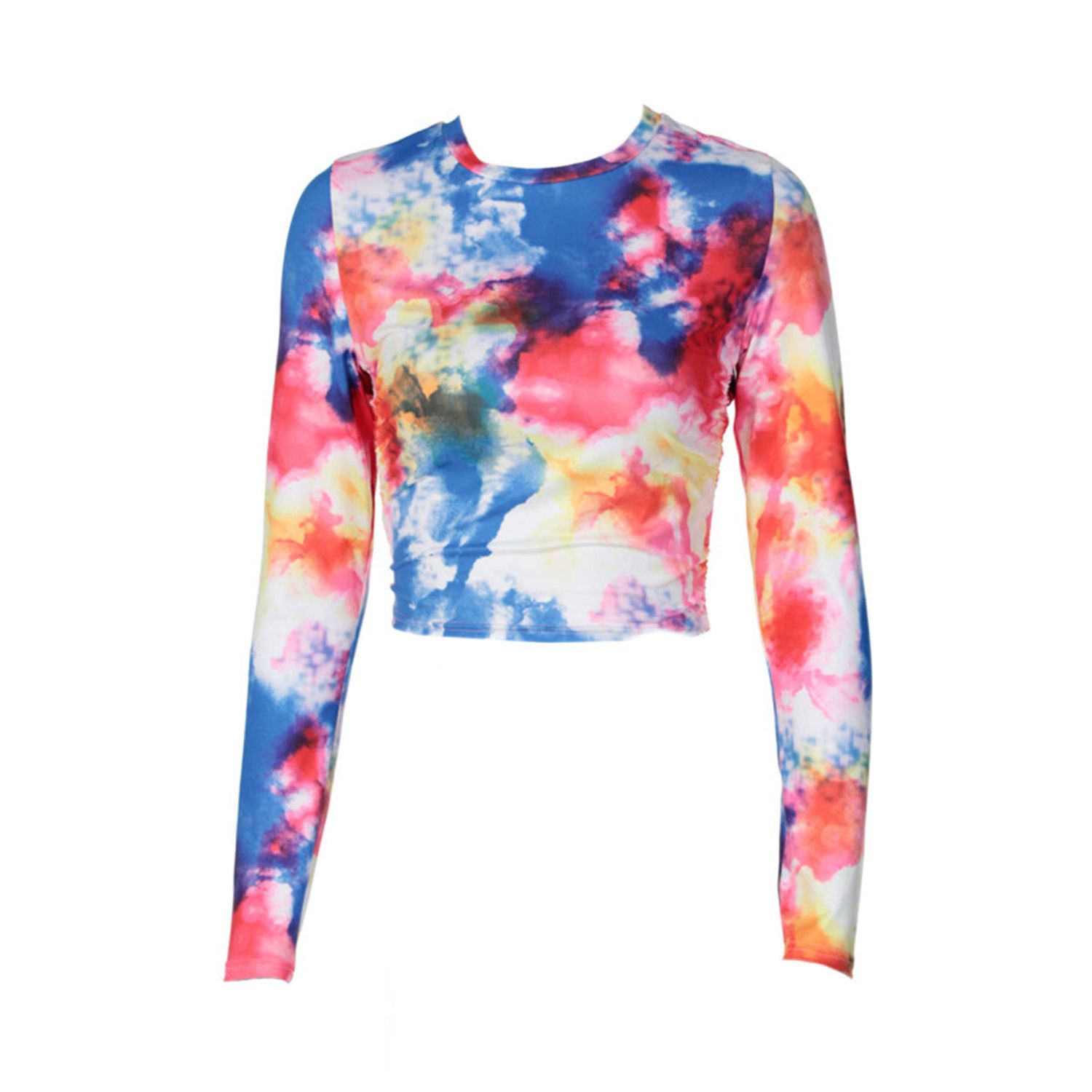 Women's Trendy Crop Top, Stylish Tie Dye Print Long Sleeve Side Drawstring Slim Fit Tee Shirt
