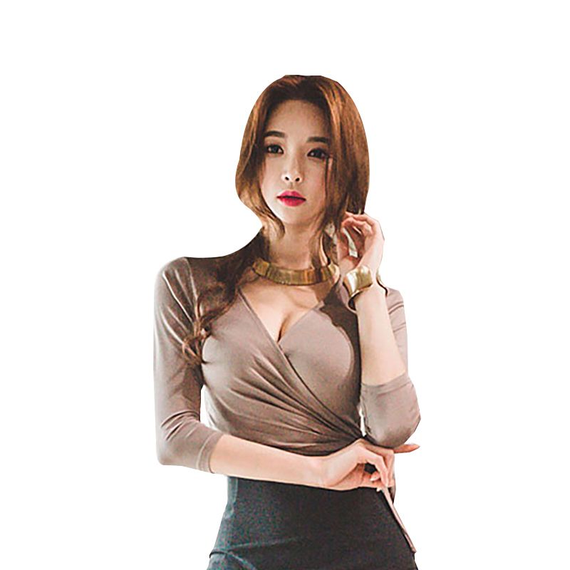 Women’s Casual Long Sleeve T-shirt Fashion Solid Color V-neck Bandage Pullover Tops