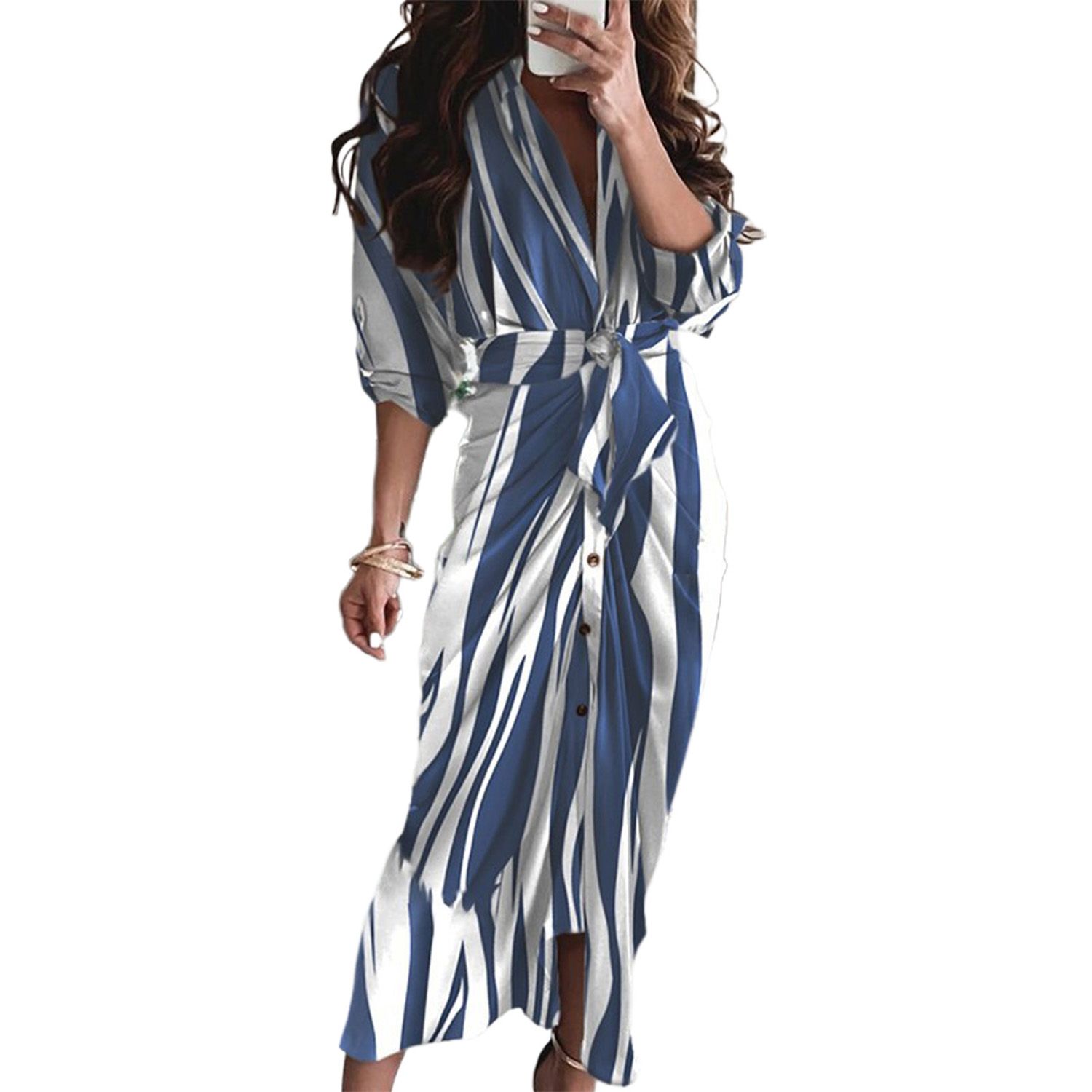 Women Lapel Dress Slim Elegant Stripe Printing Shirt Dress Daily Wear