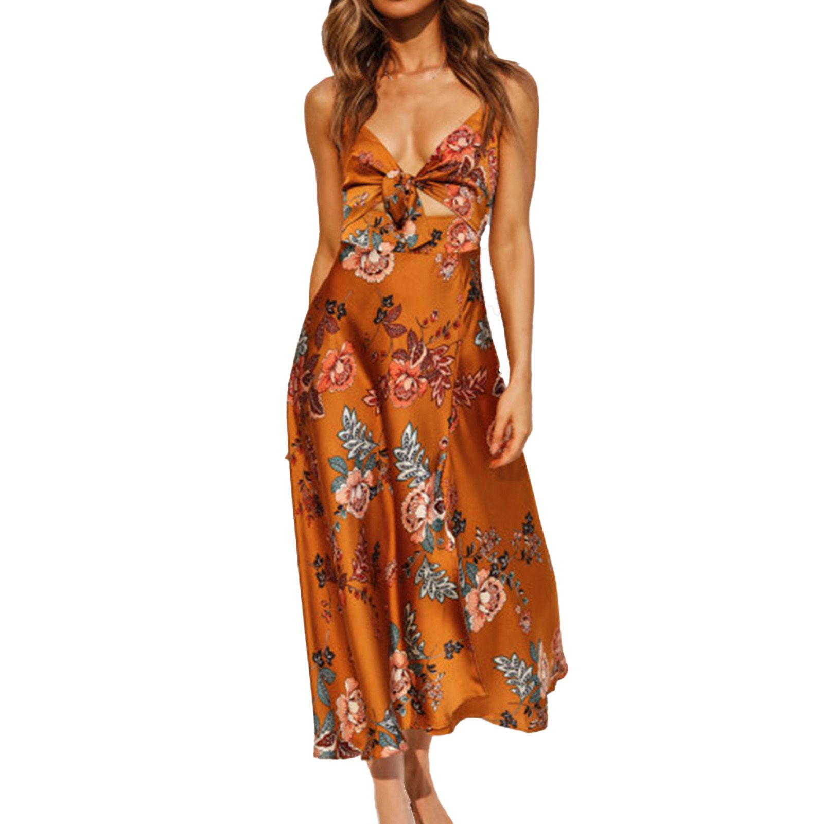 Women Sling Dress V Neck Waist Tight Floral Print Spaghetti Straps Slit Hem Maxi Dress for Party