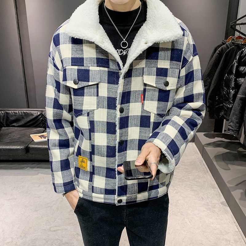 Winter Plaid Cotton Coat Casual Fashion Warm Men's Comfortable Jacket Black White Asian Size Large Size 5XL