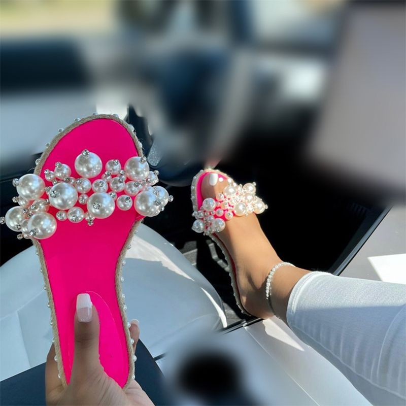 Pearl Slippers Women Summer Sandals  Fashion Bling Female Candy Color Beach Diamond Slippers Flat Shoes Outdoor Sandals