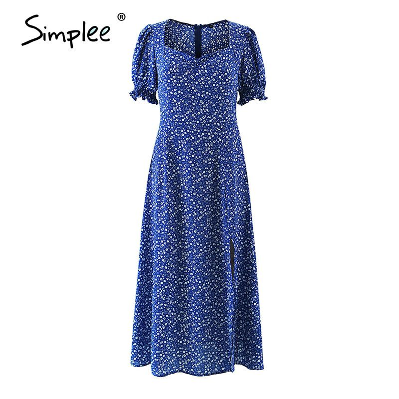 Simplee V-neck Split Summer Women Dress Fashion Blue Dot print Asymmetrical Midi Sundress Elegant Puff Sleeve Vestidos